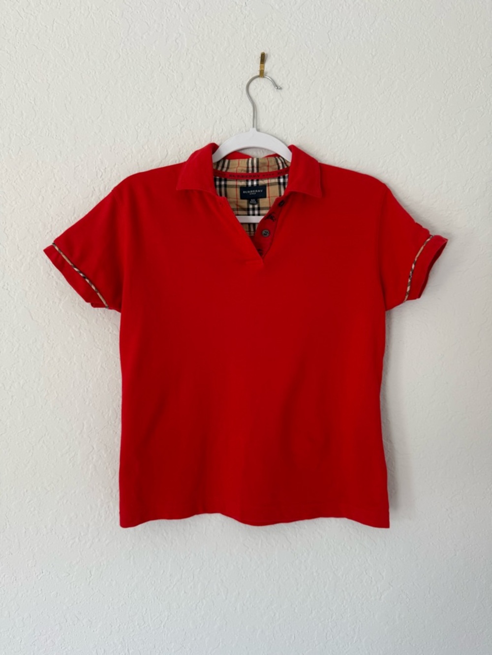Burberry Golf Red Polo Shirt Nova Check Trim 100% Cotton Women’s Size XS